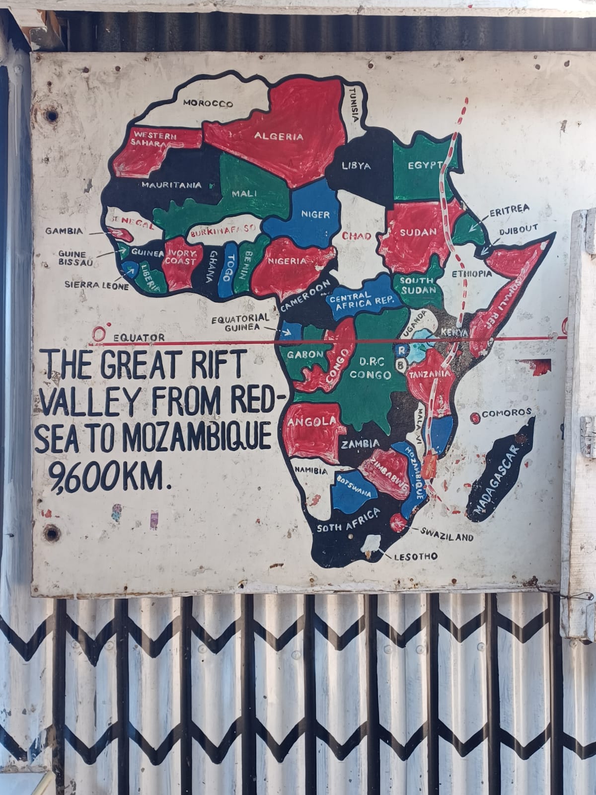A hand-painted map tracing the Great Rift Valley from the Red Sea to Mozambique, 9,600 km